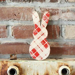 Handpainted  Bunny Peep in Plaid Red and White distressed 6 inches tall